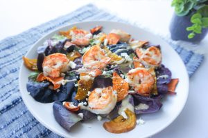 sweet potato beet shrimp salad feta blue napkin