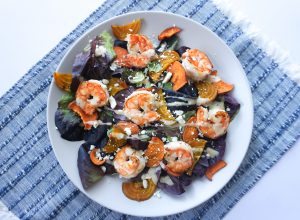 sweet potato beet shrimp salad feta blue napkin